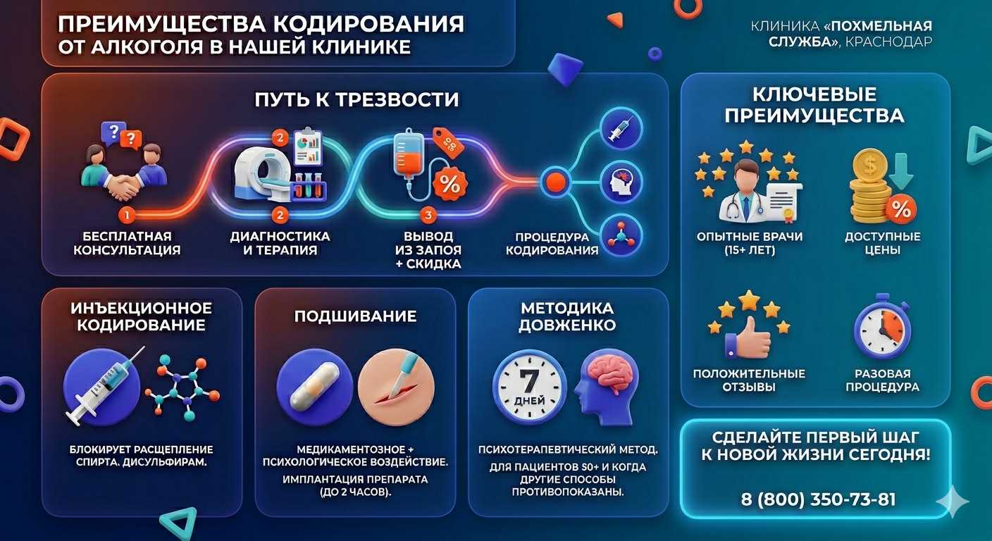 Инфографика о методах кодирования от алкоголя в Печорах: инъекции, подшивание, метод Довженко. Преимущества клиники и этапы лечения.